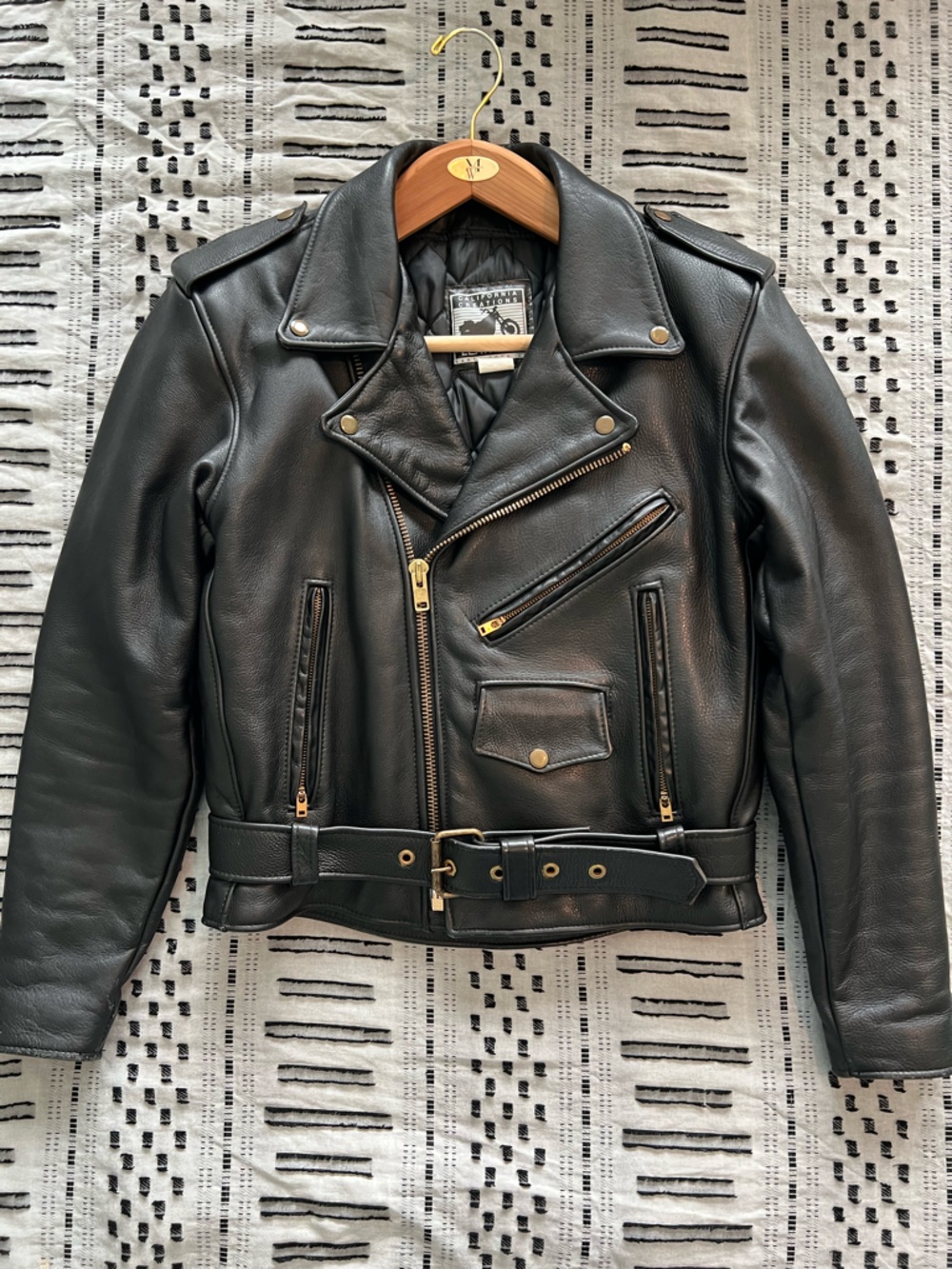 Classic Black Leather Biker Jacket with Gold Hardware